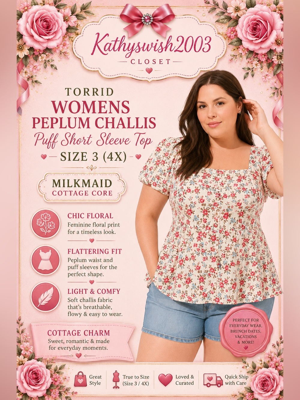 Torrid Womens Peplum Challis Puff Short Sleeve Top Size 3 Milkmaid Cottage Core